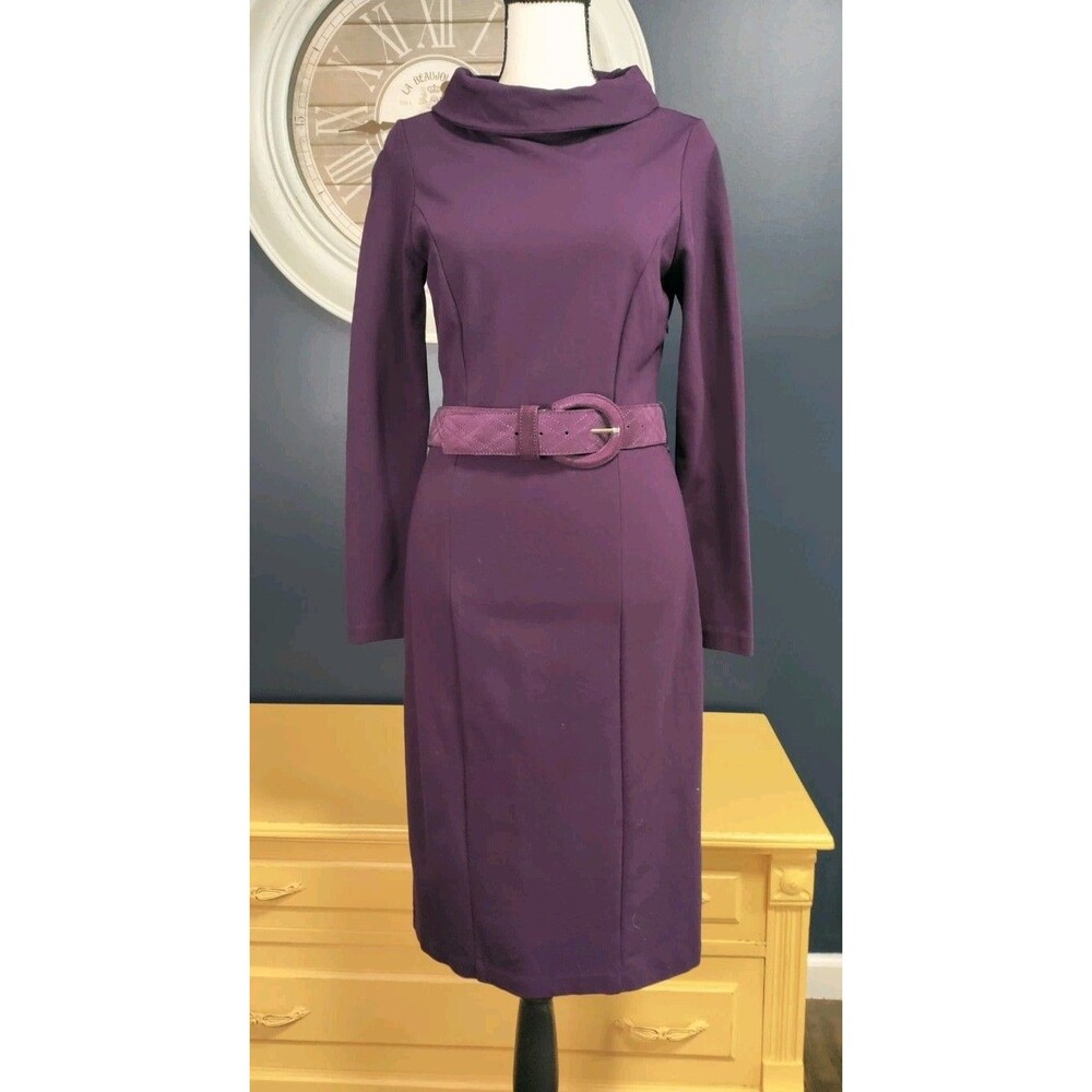 Talbot VTG Dress Size 2 Petite Deep Purple Long Sleeve Turtle Neck Belted EUC